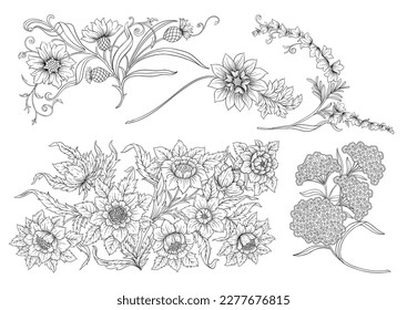 Decorative flowers and leaves in art nouveau style, vintage, old, retro style. Clip art, set of elements for design Vector illustration.