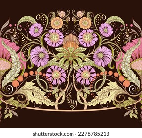 Decorative flowers and leaves in art nouveau style, vintage, old, retro style. Seamless pattern, background. Vector illustration.