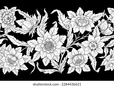 Decorative flowers and leaves in art nouveau style, vintage, old, retro style. Seamless pattern, background. Vector illustration in black and white