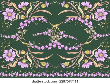 Decorative flowers and leaves in art nouveau style, vintage, old, retro style. Seamless pattern, background. Vector illustration.