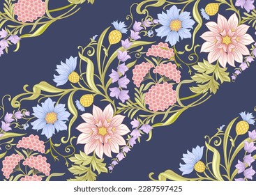 Decorative flowers and leaves in art nouveau style, vintage, old, retro style. Seamless pattern, background. Vector illustration.