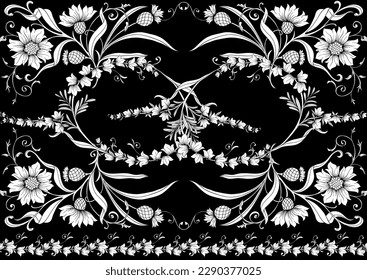 Decorative flowers and leaves in art nouveau style, vintage, old, retro style. Seamless pattern, background. Vector illustration in black and white