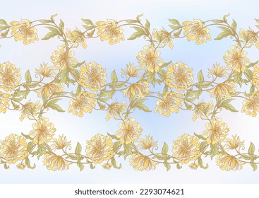 Decorative flowers and leaves in art nouveau style, vintage, old, retro style. Seamless pattern, background. Vector illustration.