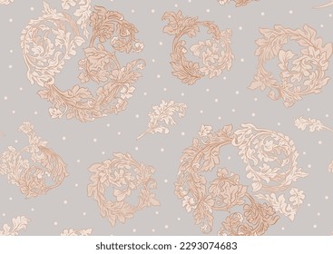 Decorative flowers and leaves in art nouveau style, vintage, old, baroque style. Seamless pattern, background. Vector illustration.