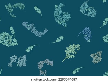 Decorative flowers and leaves in art nouveau style, vintage, old, baroque style. Seamless pattern, background. Vector illustration.