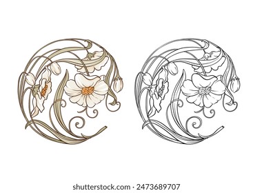 Dekorative Blumen und Blätter im Jugendstil, Vintage, alt, Retro-Stil. Clip-Kunst, Set von Elementen für Design-Vektorillustration. Im Jugendstil, Vintage, alt, Retro-Stil.