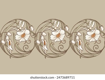 Decorative flowers and leaves in art nouveau style, vintage, old, retro style. Seamless pattern, background. Vector illustration. In art nouveau style, vintage, old, retro style.