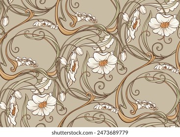 Decorative flowers and leaves in art nouveau style, vintage, old, retro style. Seamless pattern, background. Vector illustration. In art nouveau style, vintage, old, retro style.
