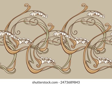 Decorative flowers and leaves in art nouveau style, vintage, old, retro style. Seamless pattern, background. Vector illustration. In art nouveau style, vintage, old, retro style.