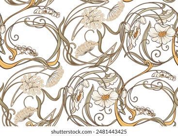 Decorative flowers and leaves in art nouveau style, vintage, old, retro style. Seamless pattern, background. Vector illustration. In art nouveau style, vintage, old, retro style.