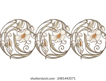 Decorative flowers and leaves in art nouveau style, vintage, old, retro style. Seamless pattern, background. Vector illustration. In art nouveau style, vintage, old, retro style.