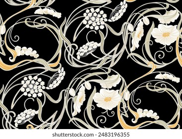 Decorative flowers and leaves in art nouveau style, vintage, old, retro style. Seamless pattern, background. Vector illustration. In art nouveau style, vintage, old, retro style.