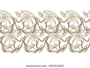 Decorative flowers and leaves in art nouveau style, vintage, old, retro style. Seamless pattern, background. Vector illustration. In art nouveau style, vintage, old, retro style.