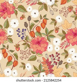 Decorative Flowers and leaves seamless pattern design