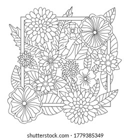 Decorative flowers and leaves with simple pattern in square frame on white isolated background. For coloring book pages.