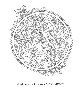 Dekorative Blumen und Blätter mit einfachem Muster in runder Form auf weißem, isoliertem Hintergrund. Zum Färben von Buchseiten.