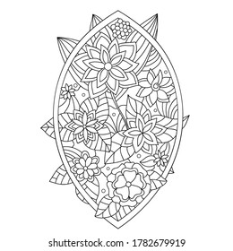 Dekorative Blumen mit Blättern und einfaches Muster in geometrischem Rahmen auf weißem, isoliertem Hintergrund. Zum Färben von Buchseiten.