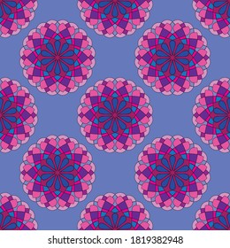 Decorative flowers on blue background. Ethnic seamless pattern. 
