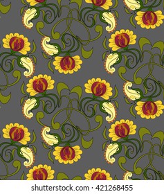 decorative flowers on a gray background, vintage style, fabric, paper for design, ornament 