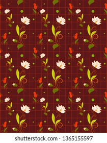 Decorative flowers on a grid in a dark red color