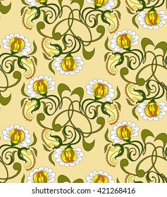 decorative flowers on a yellow background, ancient style, fabric, paper for design, ornament 