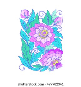  Decorative flowers. Ornamental floral element for design in doodle style. In vaporwave pastel neon, psychedelic style