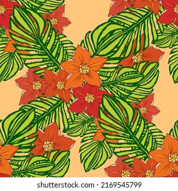 Decorative flowers with palm leaves for design. Tropical ornament from flowers and leaves on a orange background. Floral seamless pattern. Vector illustration.