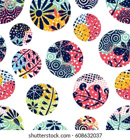Decorative flowers polka dot pattern. Vector seamless pattern.
