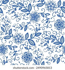 Patrón sin fisuras de flores decorativas. Fondo azul y blanco. Ilustración vectorial.