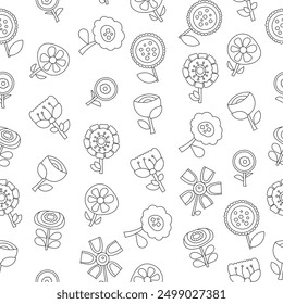Flores decorativas. Patrón sin fisuras. Página para colorear. Planta floral de Naturaleza. Dibujo de Vector. Diseña adornos.