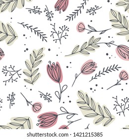 Decorative flowers seamless pattern. Delicate and scribble flowers on green background