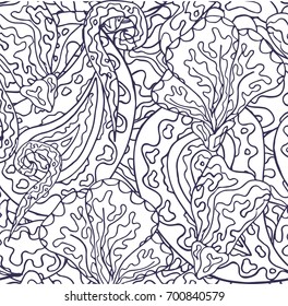 Decorative flowers. Seamless vector pattern for coloring book. Hand-drawn illustration. Background in Line art style.