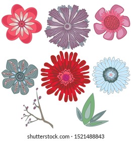 Decorative, flowers, set, green; decor;design; art; element; vector