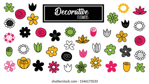 Decorative flowers set. Hand Drawn doodle vector illustration. Abstract elements vintage for printing for invitations, weddings, birthdays.
