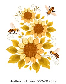 Decorative flowers, sunflower and bees. Concept of honey production, cosmetics, medical preparations, natural healthy food, ecology protection. Vector postcard, product label, banner.