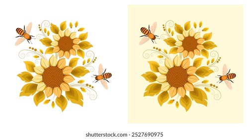 Decorative flowers, sunflower and bees. Concept of honey production, cosmetics, medical preparations, natural healthy food, ecology protection. Vector postcard, product label, banner.