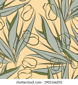 Decorative flowers tulip for design. Ornament from flowers and leaves on a yellow background. Floral seamless pattern. Vector illustration.