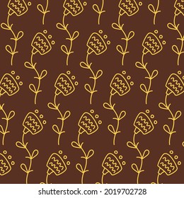 Decorative flowers of yellow color on a brown background. Stylized abstract plants. Flat vector pattern.