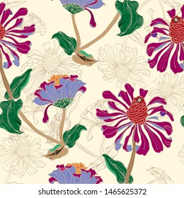 Decorative flowers zinnia on black background. Mexican motif in a seamless pattern.