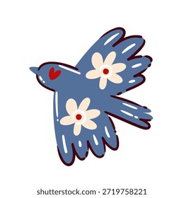 Pájaro volador decorativo con patrones florales, motivo popular estilizado, diseño de dibujos animados simple, Formas suaves y contornos limpios, símbolo animal caprichoso, mirada dibujada a mano, Ilustración vectorial.