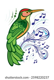 Decorative flying bird with music notes  on white background. Woodpecker on musical branches