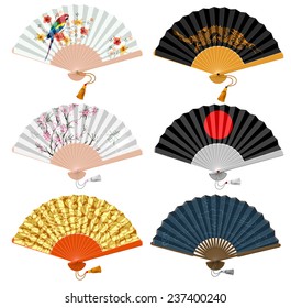 Decorative folding fan set for man and woman. Vector illustration. Isolated on white background.