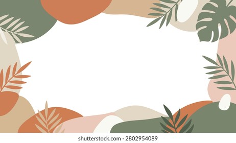 Decorative foliage border frame with abstract tropical leaves in earthy tones for invitations, banners, and design projects. Flat vector background EPS 10.