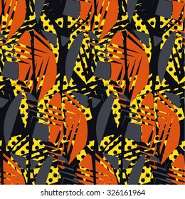 decorative foliage in saturated pattern, polka, seamless vector background.