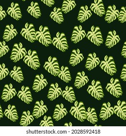 Decorative foliage seamless pattern with random palm leaf monstera elements. Dark background. Decorative backdrop for fabric design, textile print, wrapping, cover. Vector illustration.