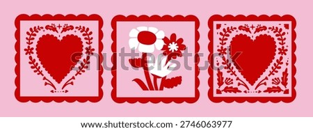Decorative folk floral vector set with heart and blooming flowers in red and pink colors. Flat modern illustration featuring symmetrical square frames in Scandinavian and retro style. Romantic love themed design perfect for Valentine card, wedding invitation, anniversary greeting, poster, print, packaging, or decorative background.