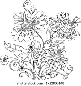 Diseño de flores folclóricas decorativas. Flores y hojas vectoriales dibujadas a mano. Libro de Colores para niños y adultos. Aislado sobre fondo blanco. Madera y zen, meditación, relajación. Esquema. Arte de línea.