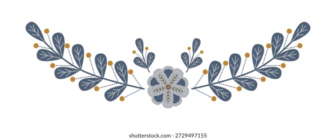 Design de padrão floral folclórico decorativo com elementos simétricos de folhas e flores. Esta ilustração vetorial mostra motivos azuis e laranja intrincados adequados para várias aplicações de design.