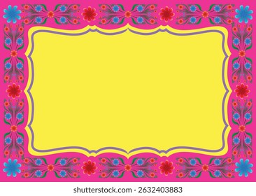 Decorative folk-style frame with pink floral border and yellow center. Features red and blue flowers in an ornate layout perfect for cultural posters, cards, and festive templates. Folk Floral Frame 