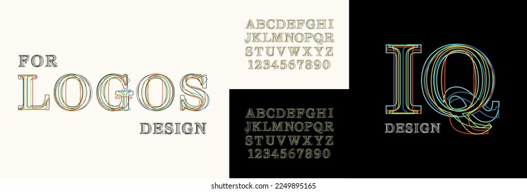 Decorative font, alphabet created from colored contours of different styles. Creative font for creating logos, monograms, for original design of texts.